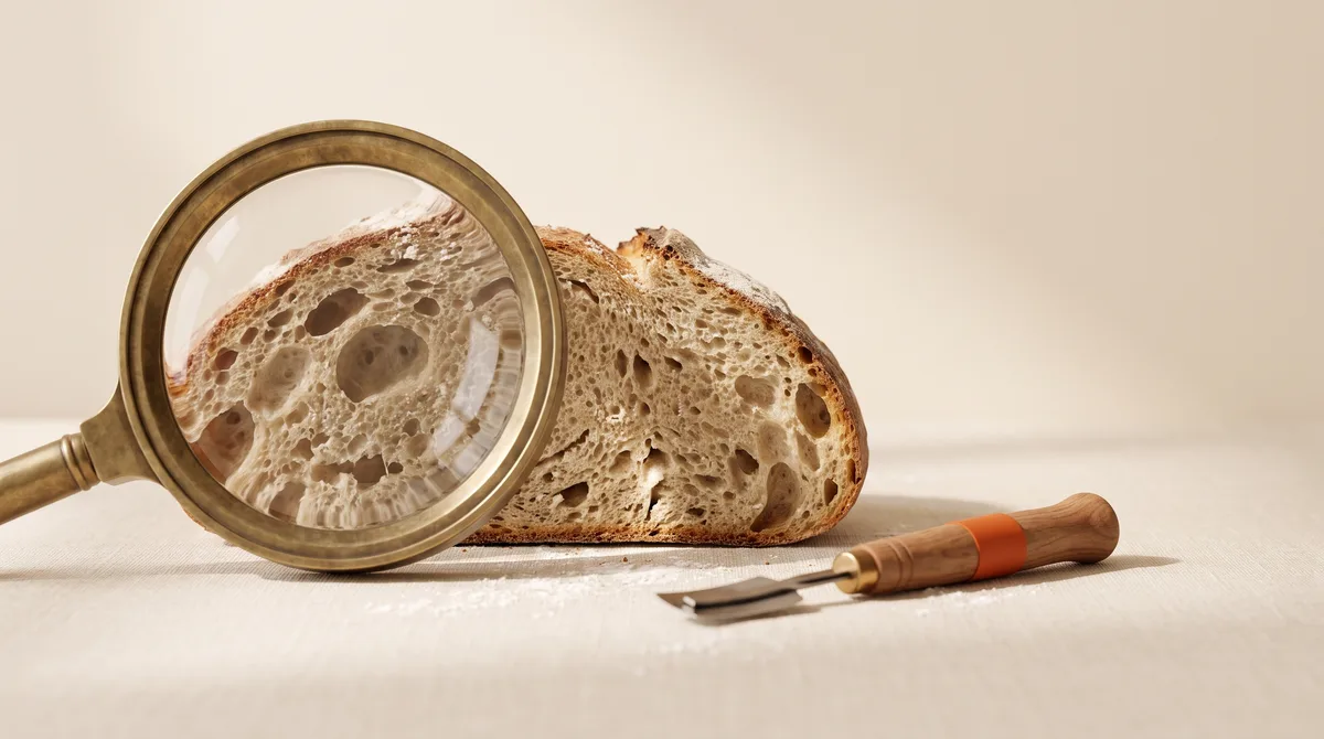 A thick slice of sourdough with a brass magnifying glass resting over part of the crumb